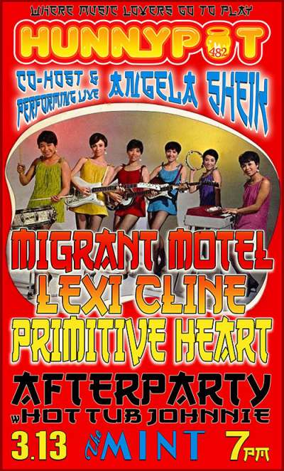 ANGELA SHEIK (CO-HOST &amp; PERFORMING LIVE) + MIGRANT MOTEL + LEXI CLINE + PRIMITIVE HEART